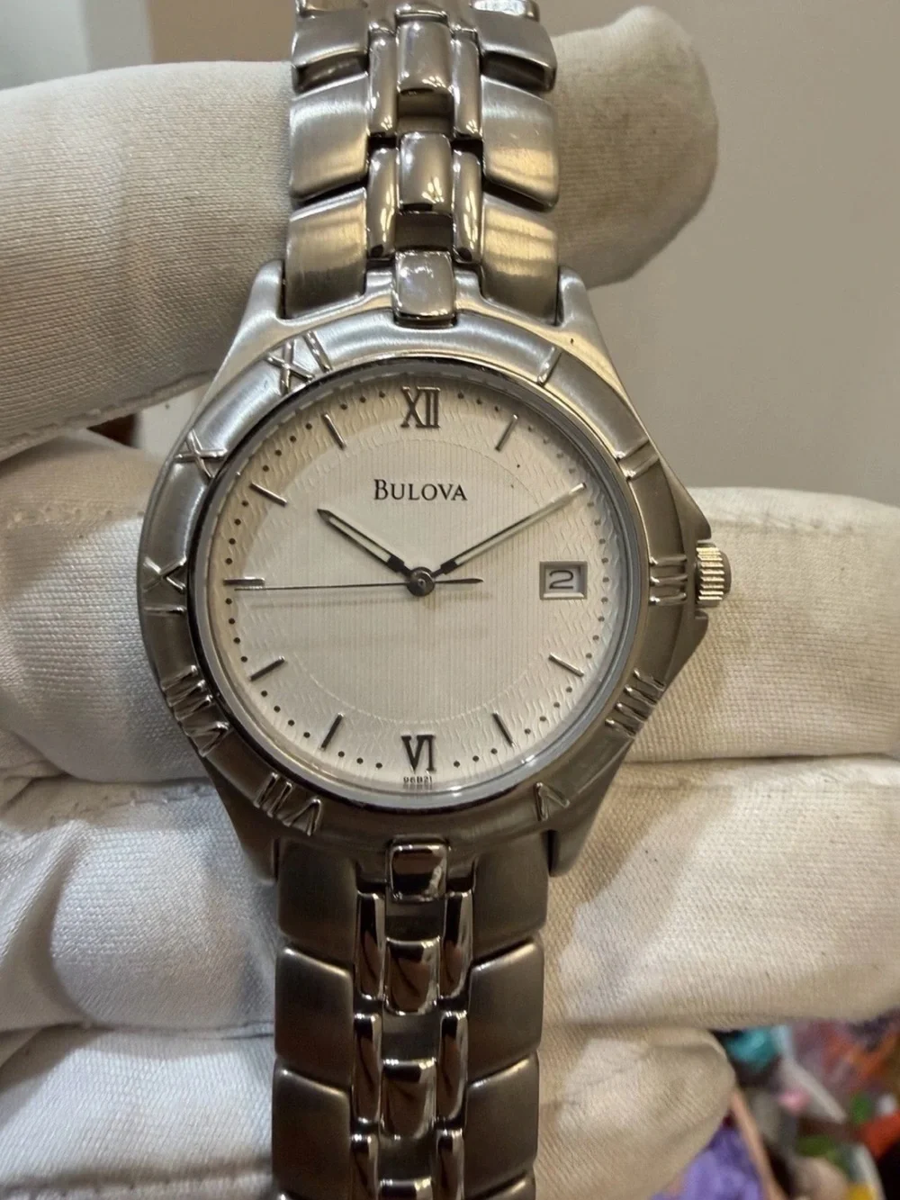 Bulova 96B21 Men's Watch Stainless Steel Silver White Pinstripe Roman Date New